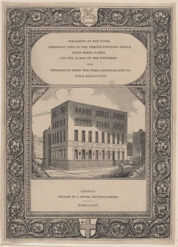 Trade Card for the Temple Printing Office, Printers and Wood Engravers by James Moyes, print, 1800-1900