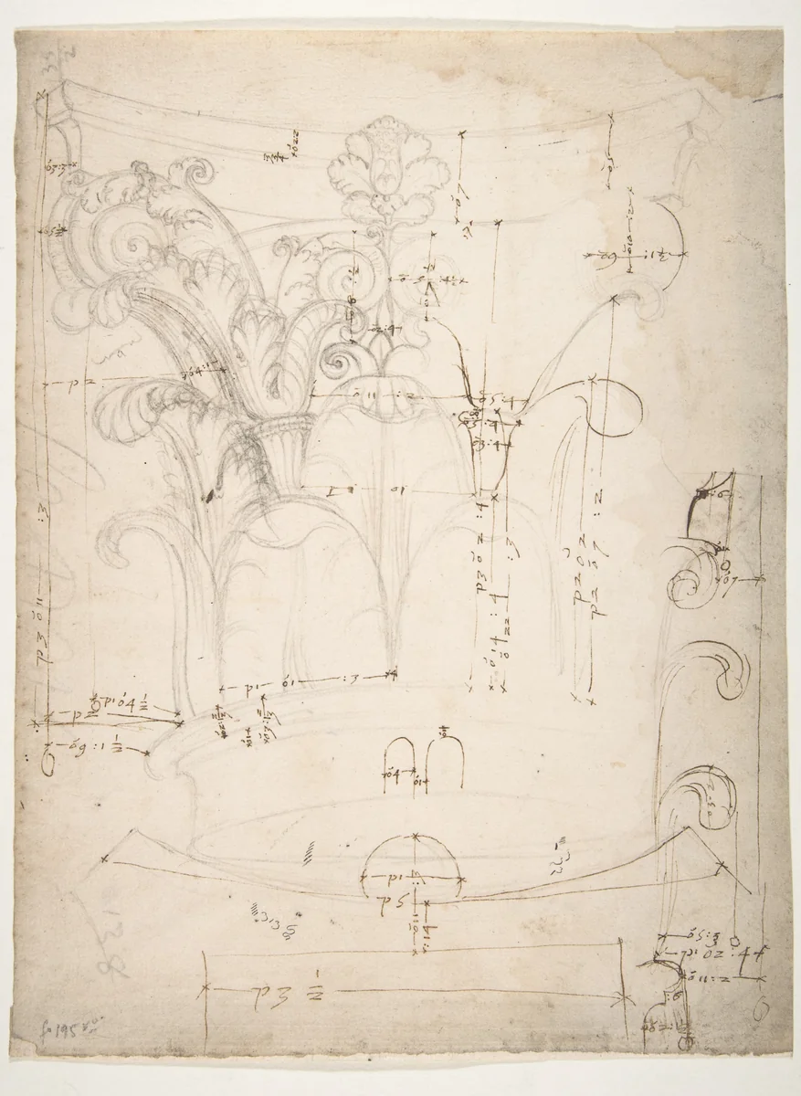 Unidentified Corinthian capital, elevation, section, and ceiling plan (recto) blank (verso) by anonymous, drawing, 1500-1560
