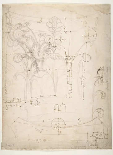 Unidentified Corinthian capital, elevation, section, and ceiling plan (recto) blank (verso) by anonymous, drawing, 1500-1560