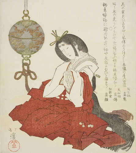 Court lady sitting beside hanging incense burner by Totoya Hokkei (魚屋北渓), print, 1820-1829