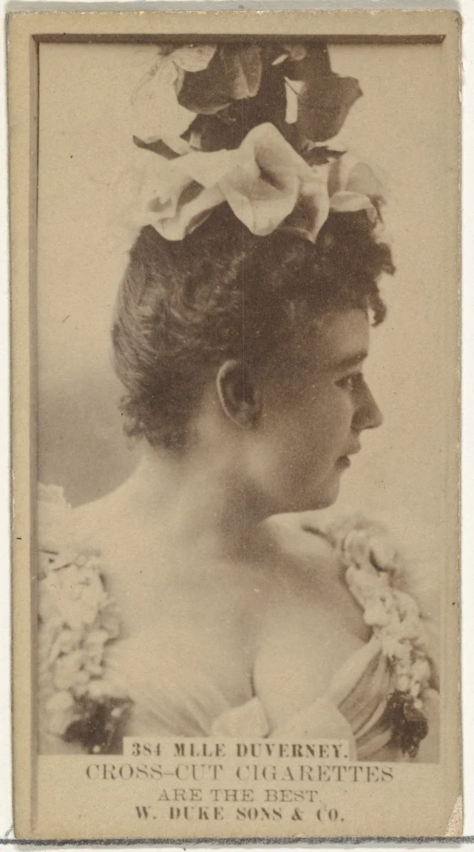 Card Number 384, Mlle. Duverney, from the Actors and Actresses series (N145-3) issued by Duke Sons & Co. to promote Cross Cut Cigarettes by W. Duke, Sons & Co., photograph, 1880-1889