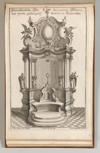 Design for a Monumental Altar, Plate a from 'Unterschiedliche Neu Inventierte Altäre mit darzu gehörigen Profillen u. Grundrißen.' by Johann Michael Leüchte, book, 1745-1755