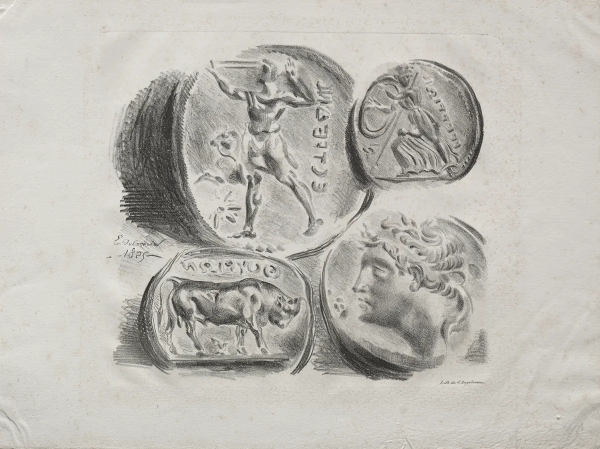 Sheet of Four Antique Medals by Eugène Delacroix, print, 1825