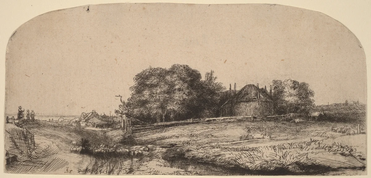 Landscape with a Hay Barn and a Flock of Sheep by Rembrandt van Rijn, print, 1652