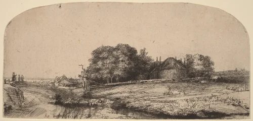 Landscape with a Hay Barn and a Flock of Sheep by Rembrandt van Rijn, print, 1652