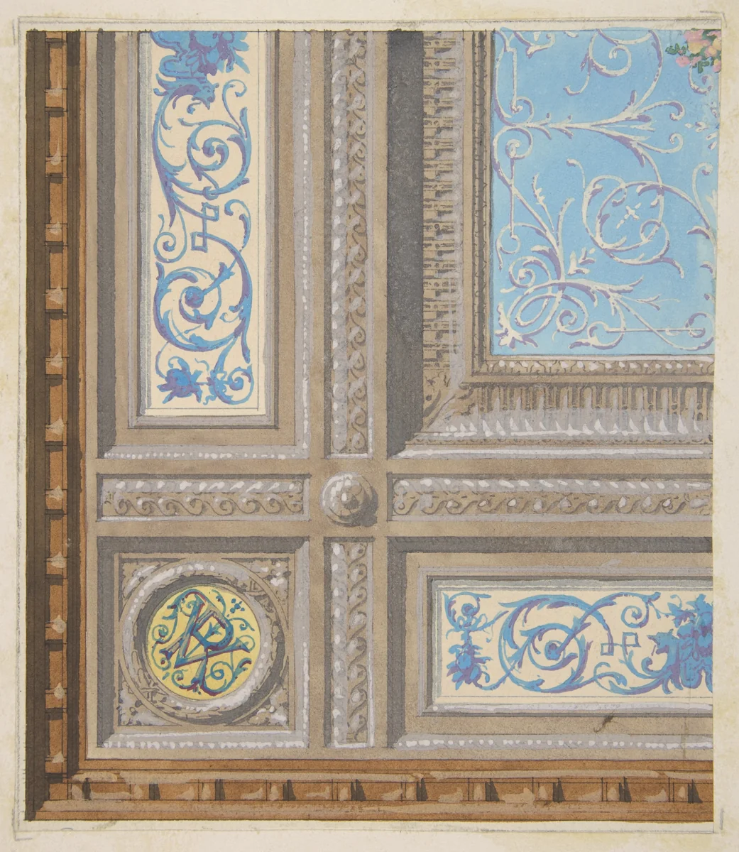 Design for the painted decoration of a coffered ceiling with initials: VR by Jules-Edmond-Charles Lachaise, drawing, 1830-1897