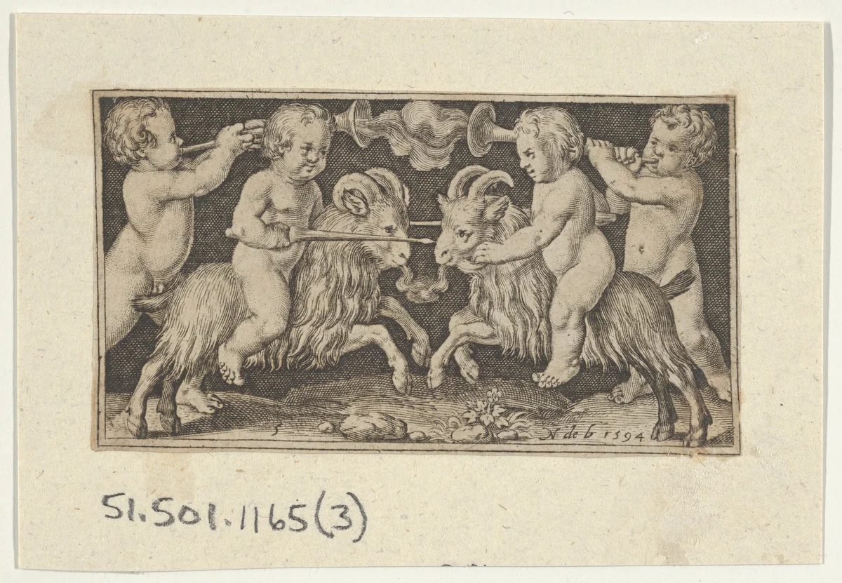 Two Genii Riding Rams by Nicolaes de Bruyn, print, 1594