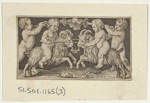Two Genii Riding Rams by Nicolaes de Bruyn, print, 1594