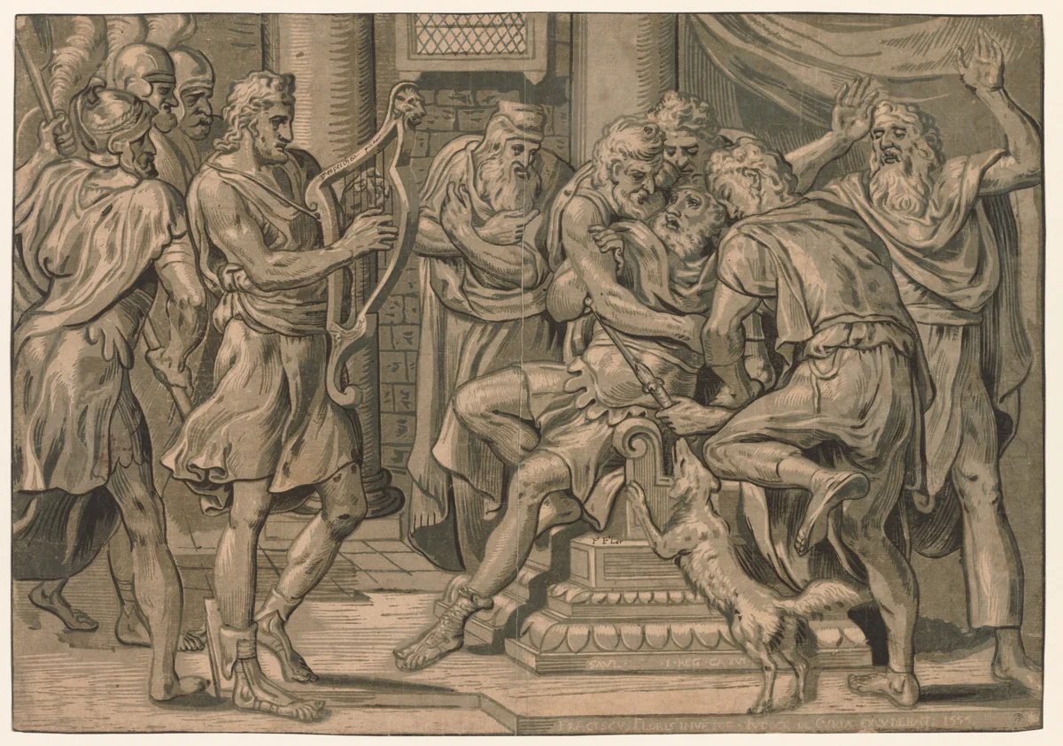 David Playing the Harp before Saul by Frans Floris, print, 1555