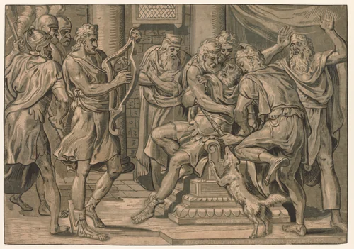 David Playing the Harp before Saul by Frans Floris, print, 1555