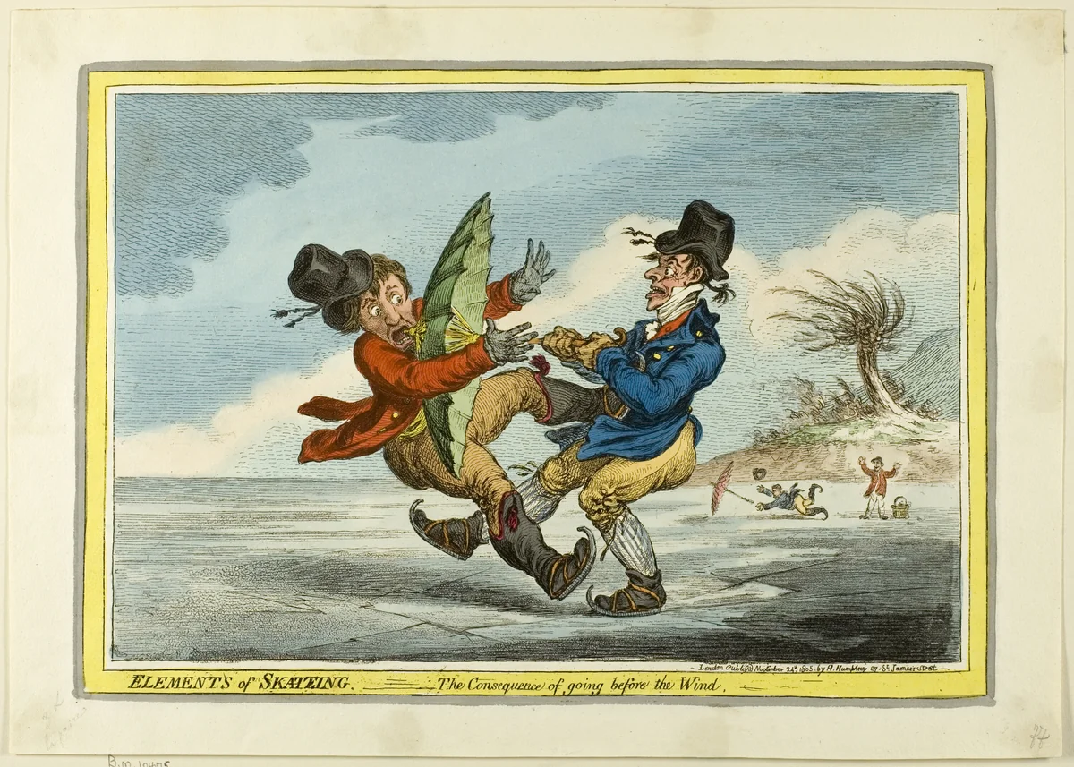 The Elements of Skating: The Consequence of Going Before the Wind by James Gillray, print, 1805