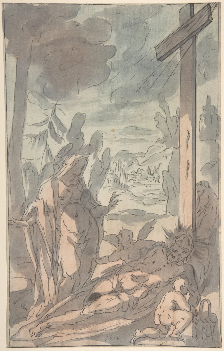 The Standing Virgin Lamenting the Dead Christ at the Foot of the Cross by anonymous, drawing, 1614