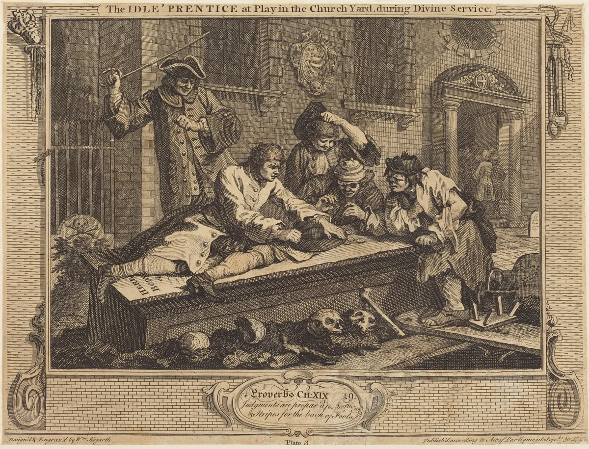 The Idle 'Prentice at Play in the Church Yard, during Divine Service by William Hogarth, print, 1747