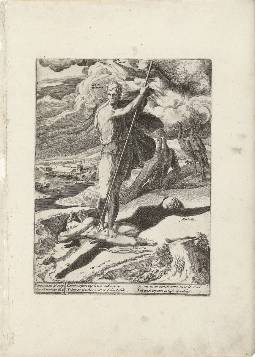 Wie begeerte en leugen doodt wordt gelauwerd door waarheid by Unknown, print, 1566-1578