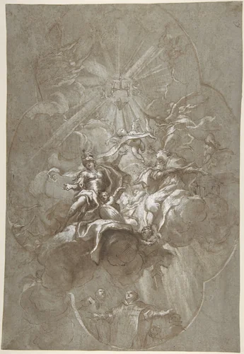 Ceiling Design with the Glorification of the Name of Jesus (recto); Aurora and Cephalus (verso) by Lorenzo de' Ferrari, drawing, 1680-1744