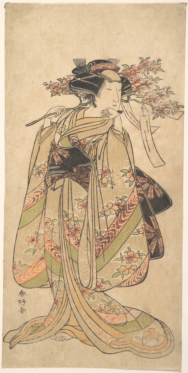 The First Nakamura Tomijuro as a Woman Walking Toward the Left by Katsukawa Shunkō (勝川春好), print, 1777-1778
