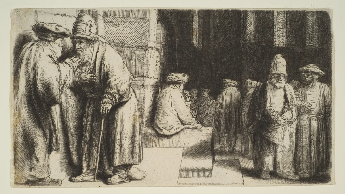 Jews in a Synagogue by Rembrandt van Rijn, print, 1648