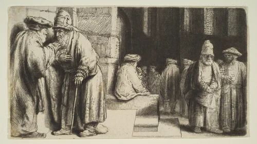 Jews in a Synagogue by Rembrandt van Rijn, print, 1648