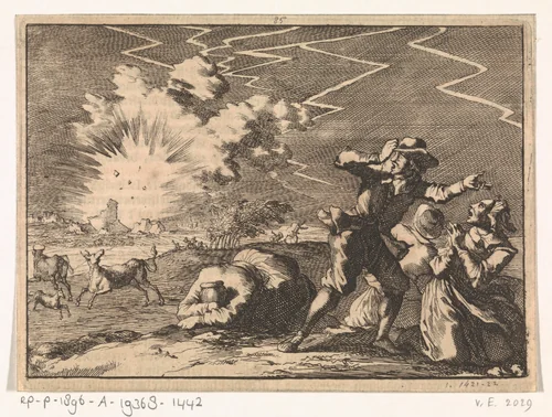 Tijdens hevig onweer vliegt de kruittoren van Rheinberg in de lucht, 1636 by Caspar Luyken, print, 1698