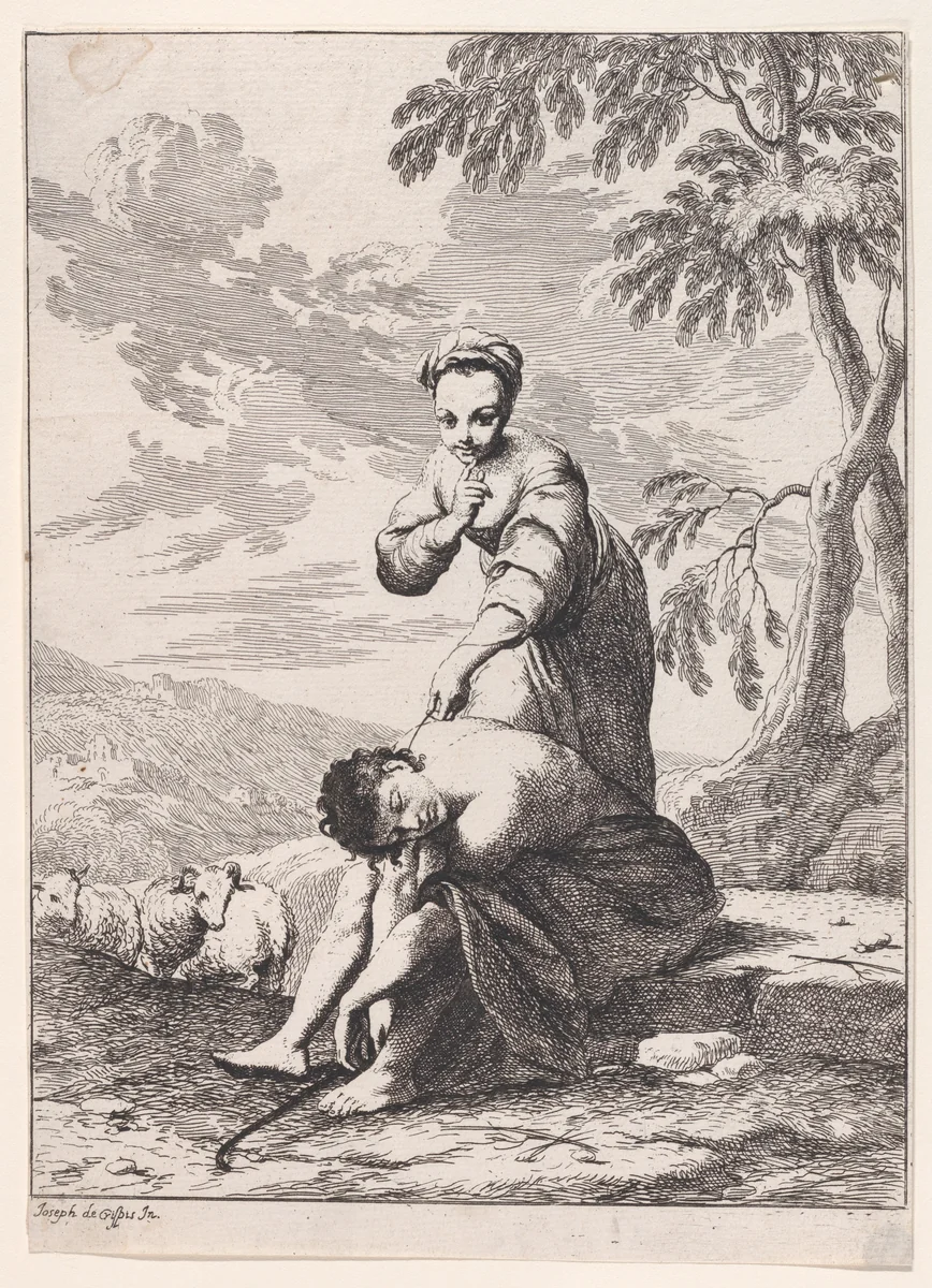 A young girl with a sleeping shepherd by Giuseppe Maria Crespi, print, 1685-1747