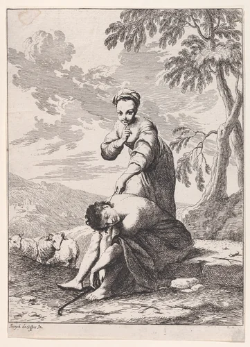 A young girl with a sleeping shepherd by Giuseppe Maria Crespi, print, 1685-1747