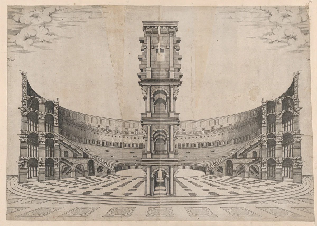 Interior Reconstruction of the Colosseum, from "Speculum Romanae Magnificentiae" by anonymous, print, 1530-1580