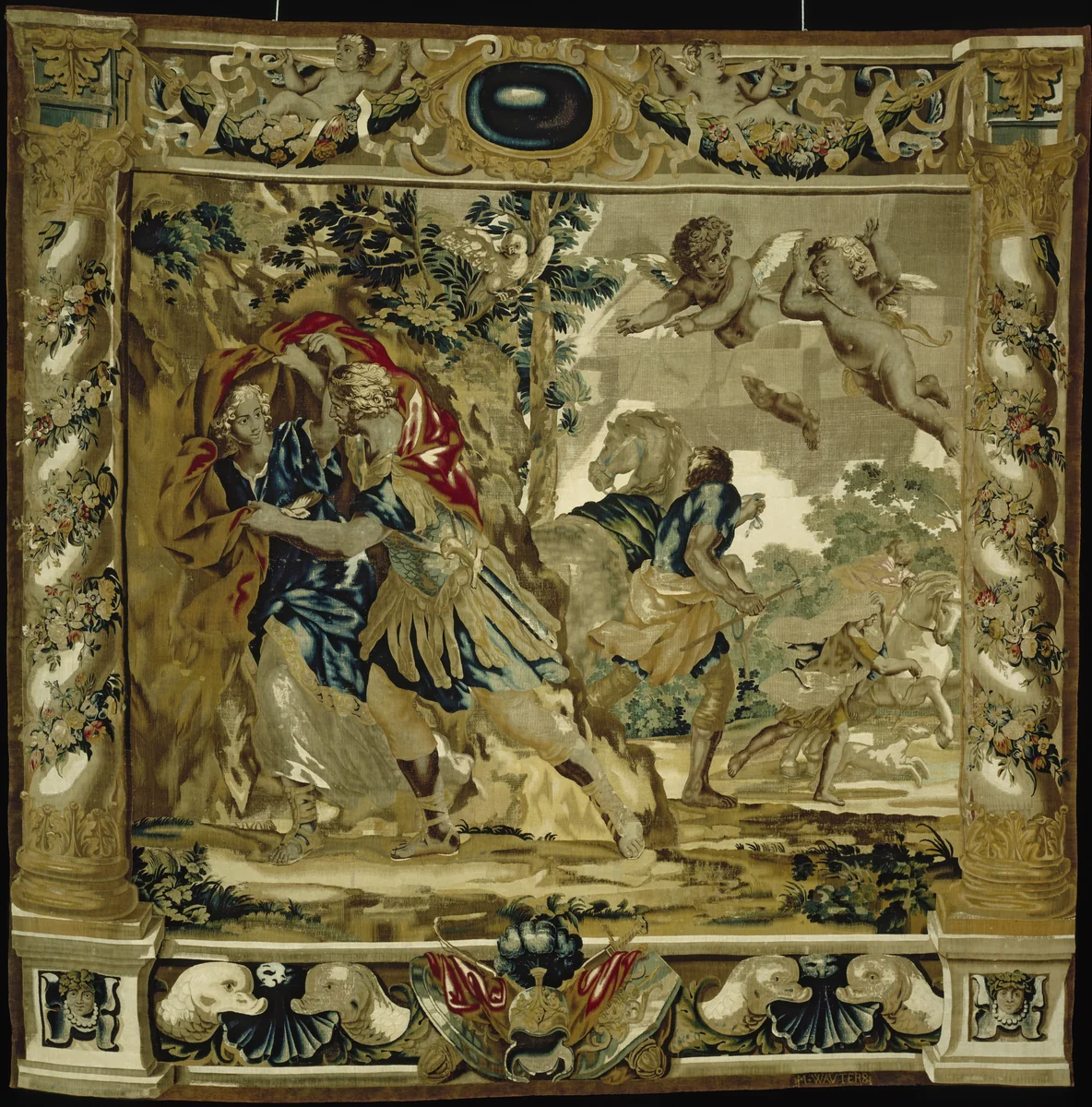 Dido and Aeneas seek shelter from a storm by Giovanni Francesco Romanelli, textile, 1679