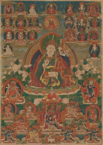 Painted Banner (Thangka) of Sage Guru Padmasambhava Seated Holding a Thunderbolt (Vajra) and Skull Cup (Kapala) by Tibet, painting, 1701-1800