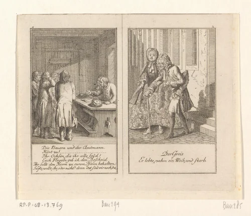 Twee scènes uit Gellert's Fabelen by Daniel Nikolaus Chodowiecki, print, 1776
