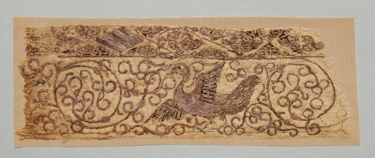 Embroidered fragment with bird among vines by Unknown, textile, 1100-1199