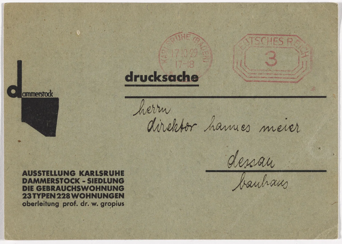 Postcard for the exhibition Dammerstock Housing Estate: The Functional Dwelling (Dammerstock-Siedlung, Die Gebrauchswohnung, Karlsruhe) (Addressed to Bauhaus Director Hannes Meyer) by Kurt Schwitters, design, 1929