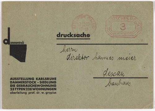 Postcard for the exhibition Dammerstock Housing Estate: The Functional Dwelling (Dammerstock-Siedlung, Die Gebrauchswohnung, Karlsruhe) (Addressed to Bauhaus Director Hannes Meyer) by Kurt Schwitters, design, 1929