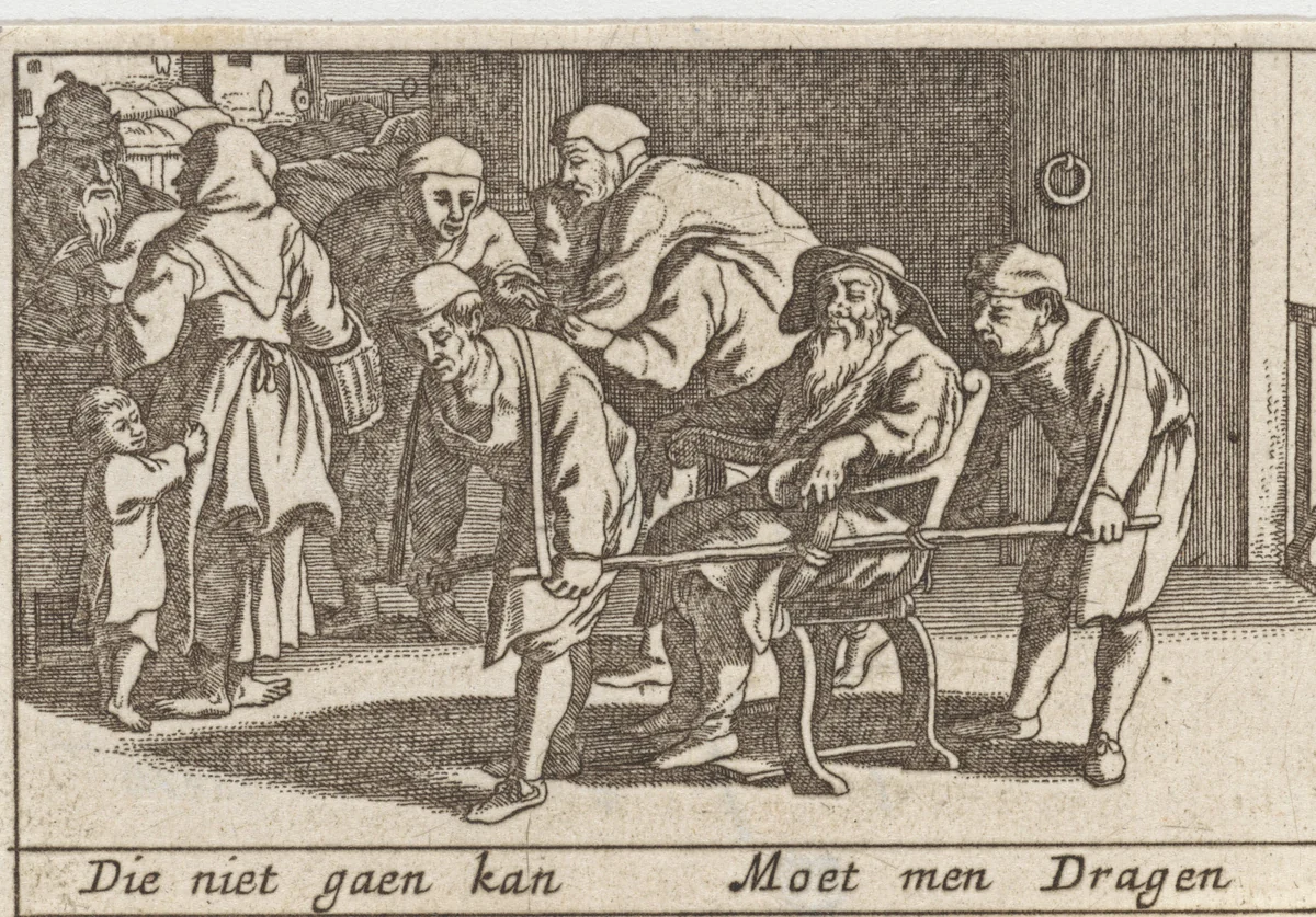 Oude mannen worden gedragen by Pieter Hendricksz. Schut, print, 1628-1650