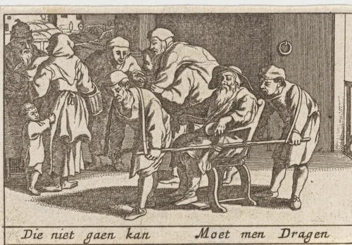 Oude mannen worden gedragen by Pieter Hendricksz. Schut, print, 1628-1650
