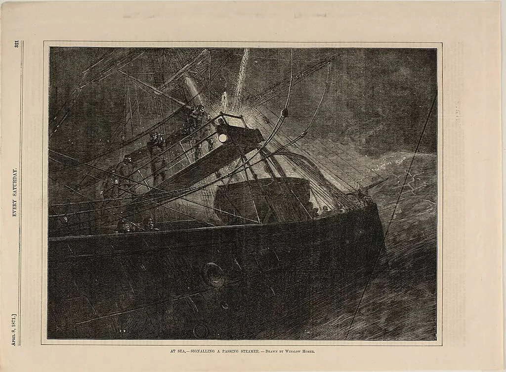 At Sea—Signalling a Passing Steamer by Winslow Homer, print, 1871