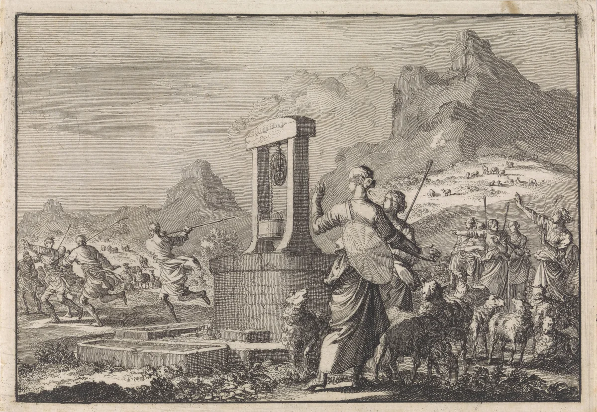 Dochters van Reüel bij de put by Jan Luyken, print, 1704