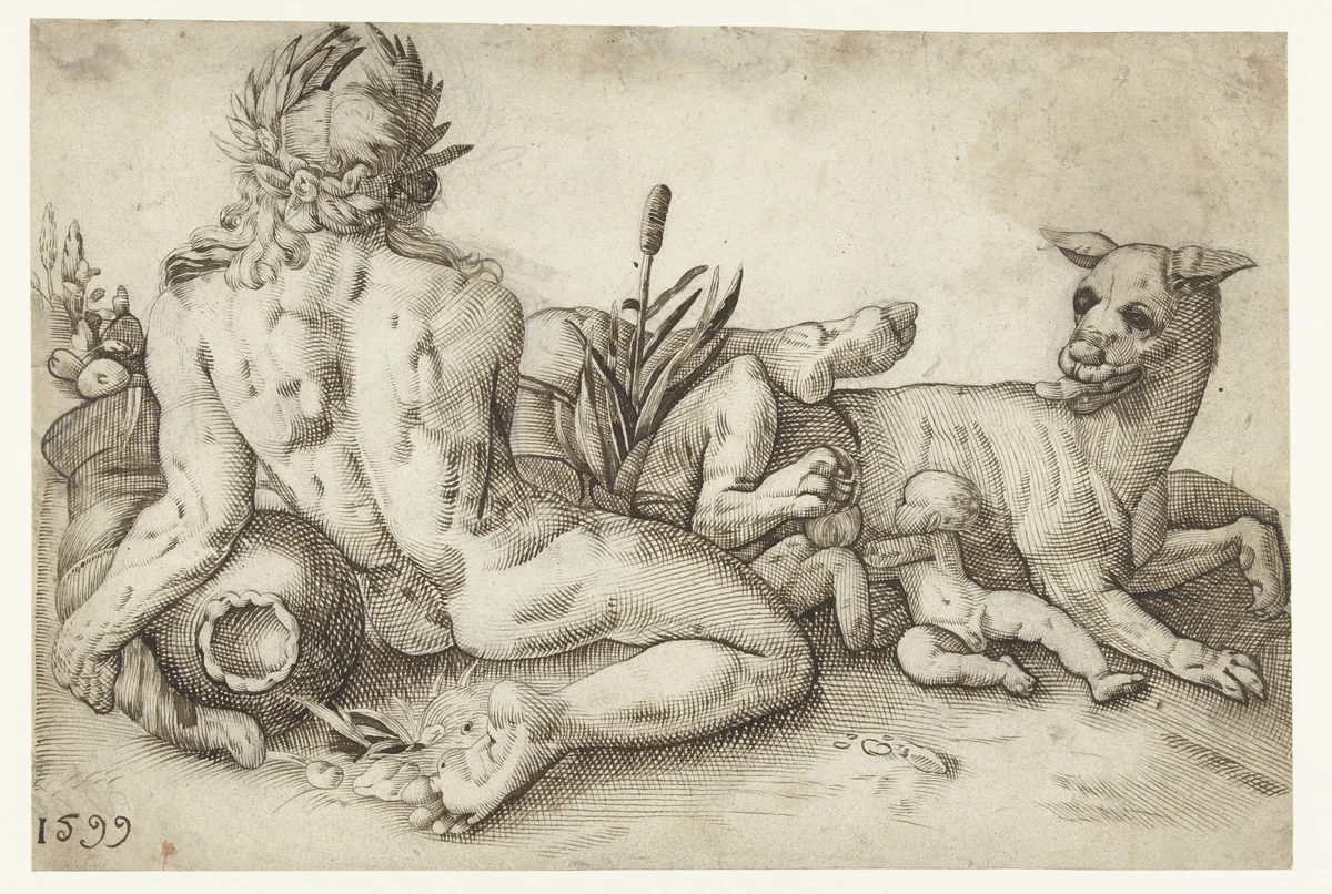 Riviergod en de wolf by Lucas van Haelwech, drawing, 1599