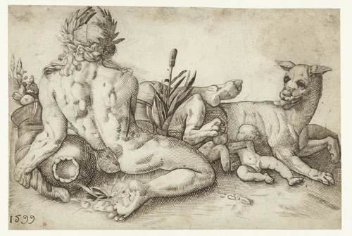 Riviergod en de wolf by Lucas van Haelwech, drawing, 1599