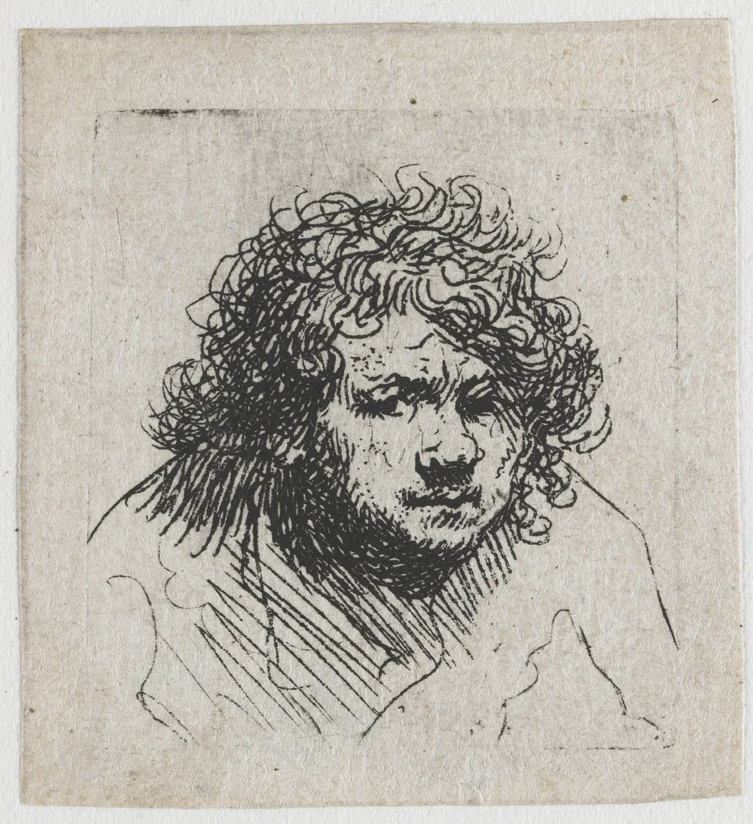 Self-portrait leaning forward: bust by Rembrandt van Rijn, print, 1629