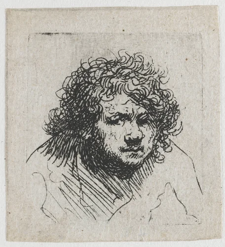 Self-portrait leaning forward: bust by Rembrandt van Rijn, print, 1629