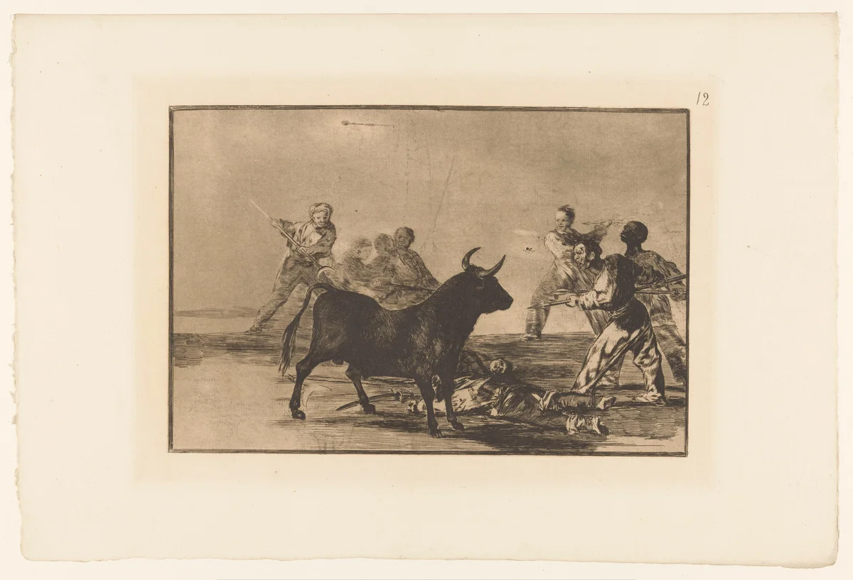 Stierenvechters rondom een stier by Francisco de Goya, print, 1876