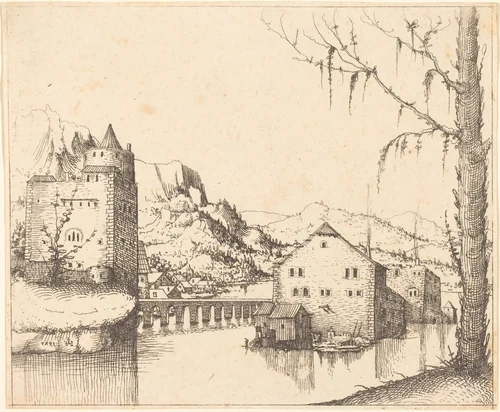 River Landscape with Two Buildings by Augustin Hirschvogel, print, 1545