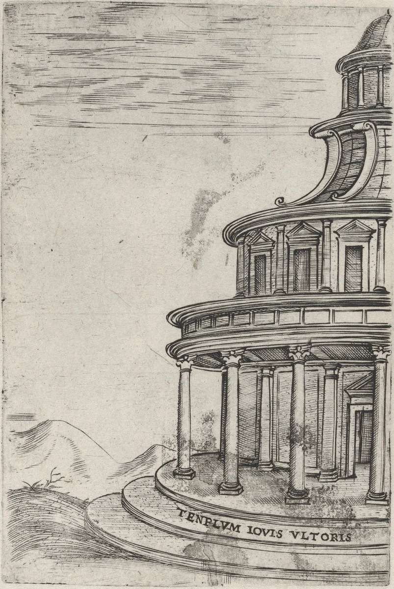 Tenplum (sic) Iovis Ultoris, from a Series of 24 Depicting (Reconstructed) Buildings from Roman Antiquity by anonymous, print, 1530-1550