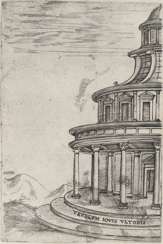Tenplum (sic) Iovis Ultoris, from a Series of 24 Depicting (Reconstructed) Buildings from Roman Antiquity by anonymous, print, 1530-1550