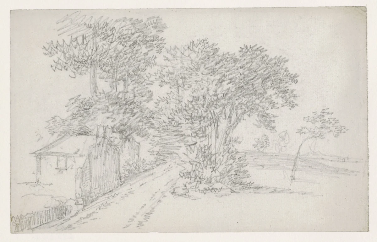 Huis bij een weg met bomen by Georges Michel, drawing, 1773-1843