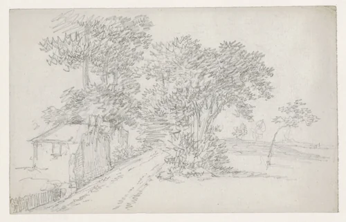 Huis bij een weg met bomen by Georges Michel, drawing, 1773-1843