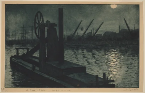 La Drague Dieppe (A Dredger in Dieppe Harbor by Moonlight) by Henri-Charles Guérard, print, 1880-1890