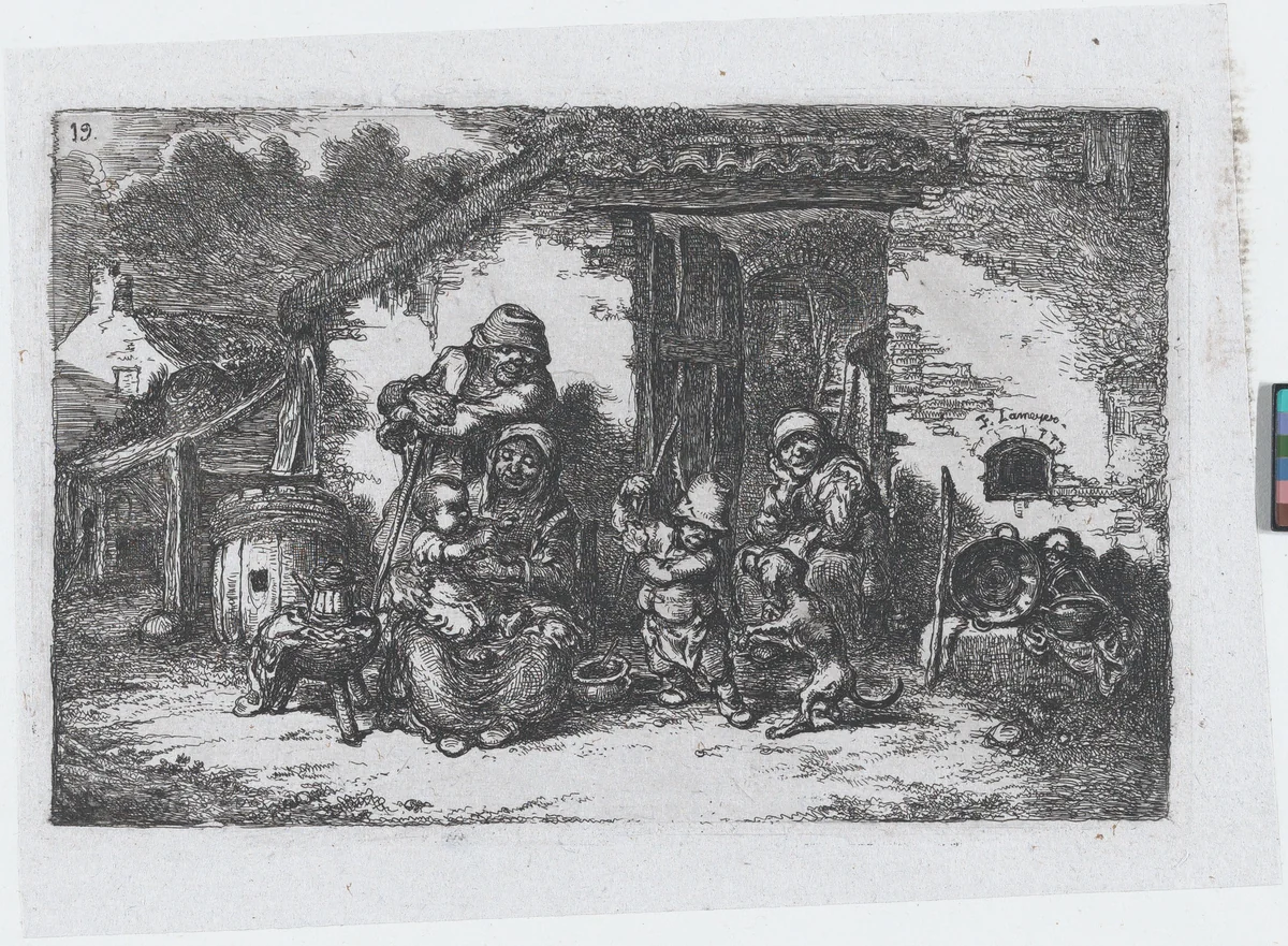 Plate 19: a family and a boy playing with a dog outisde a house, from the series of customs and pastimes of the Spanish people by Francisco Lameyer, print, 1850