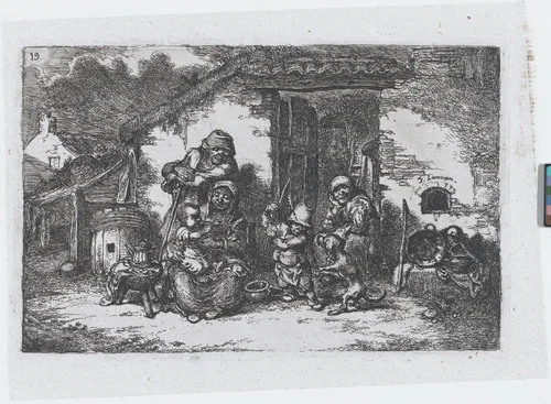 Plate 19: a family and a boy playing with a dog outisde a house, from the series of customs and pastimes of the Spanish people by Francisco Lameyer, print, 1850
