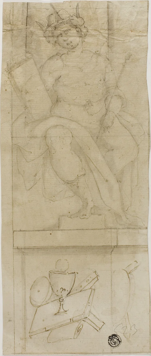 Seated Figure with Crown, Holding Sceptre and Book, with Host Below by Lazzaro Tavarone, drawing, 1576-1641